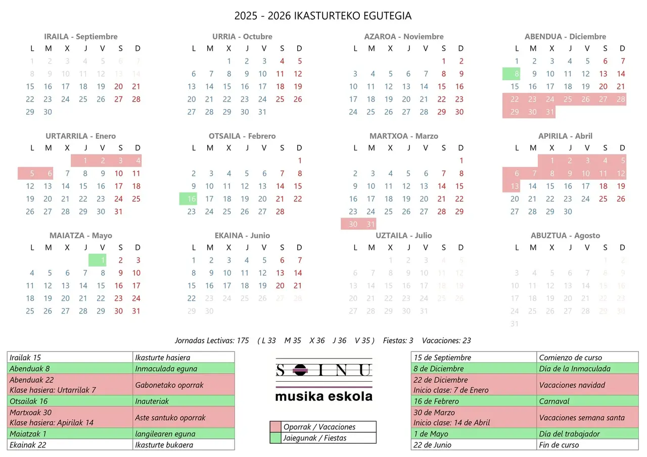 Calendario de clases de Soinu Musika Eskola 2025-2026