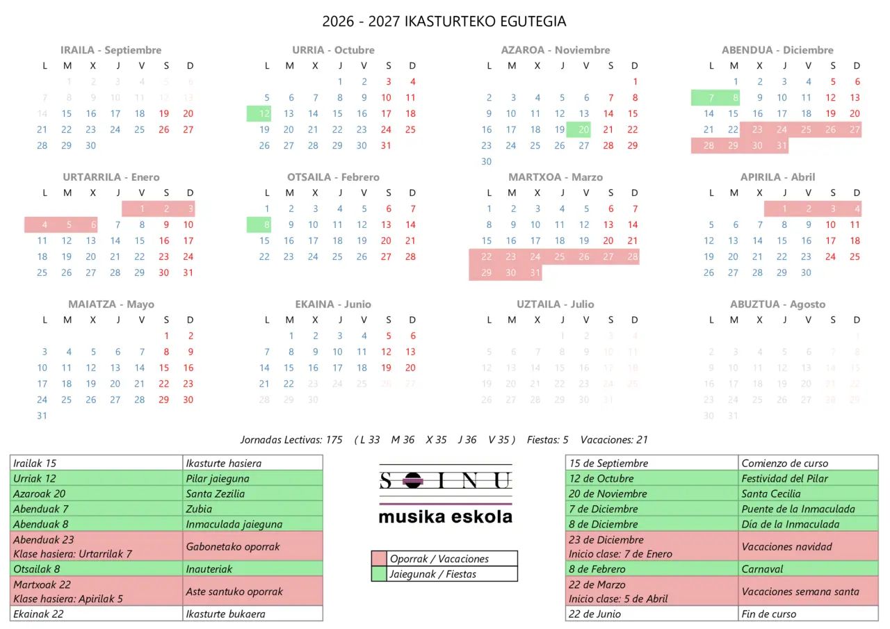 Calendario de clases de Soinu Musika Eskola 2026-2027